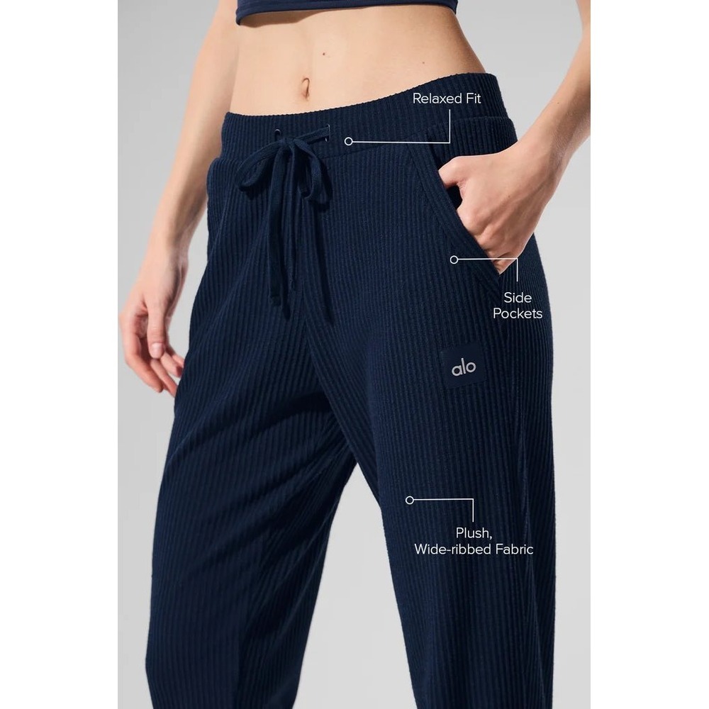 Alo Yoga Muse Ribbed Sweatpants Navy Blue Relaxed Fit Joggers Pockets